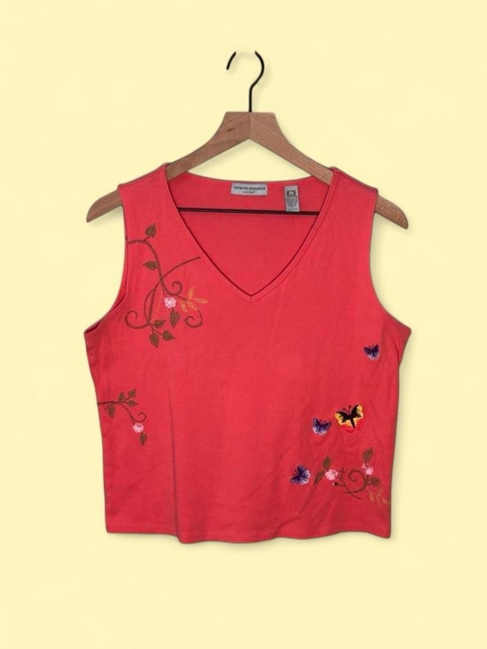 Valerie Stevens Coral Embroidered V-Neck Tank